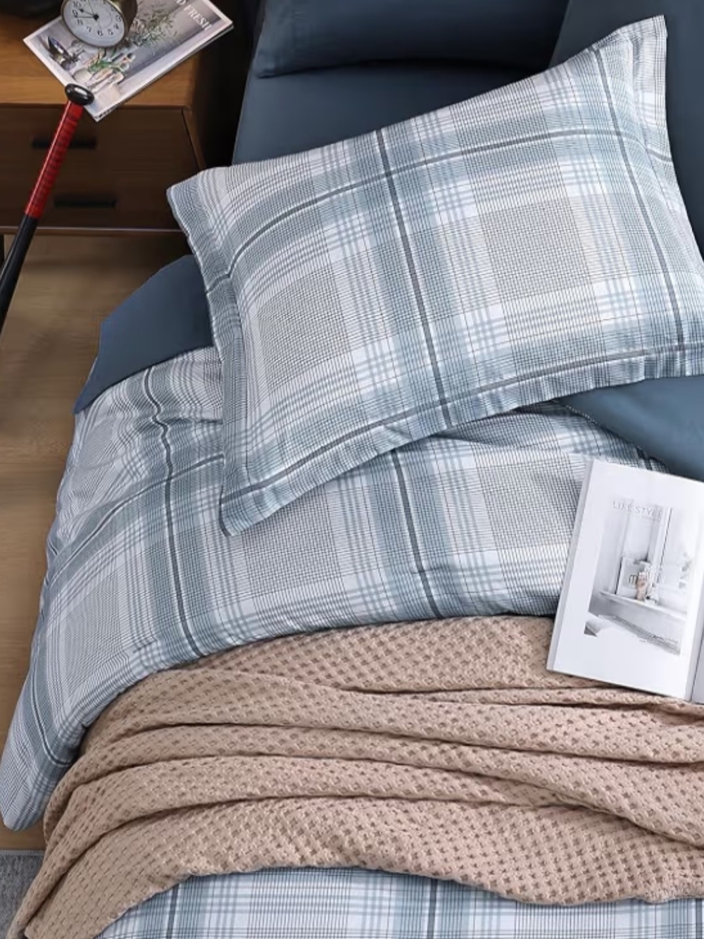 Twin XL Bed In A Bag Set.  Plaid Blue Cotton - Pillowcase Set - Classic Blue